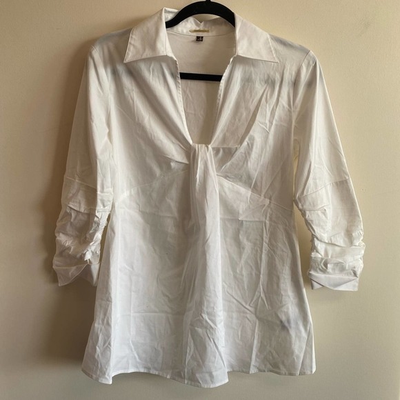 Adrienne Vittadini White Collared Babydoll Collared Blouse Shirred Sleeves Small - Picture 2 of 9